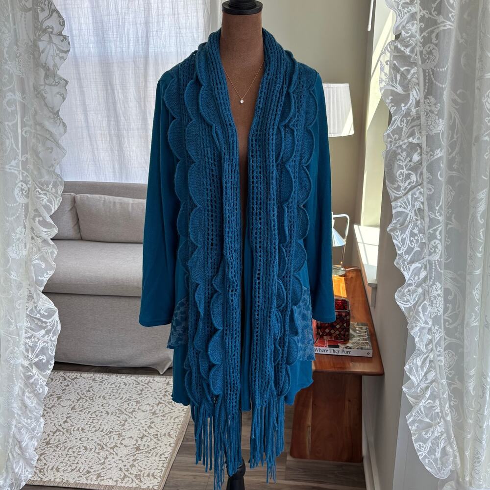 2000s Vintage Creation‎ Blue Crochet Cardigan Fringe Long Open Front Size Medium